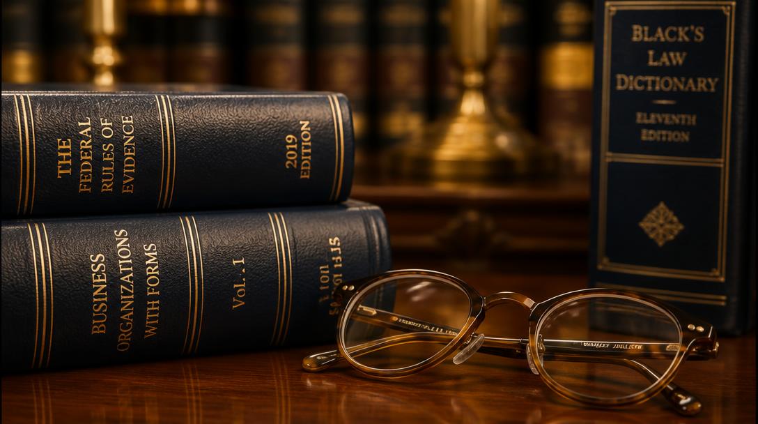Legal reference books and reading glasses